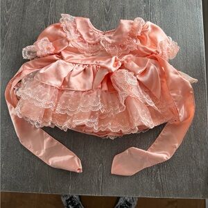 Peach Lace Ruffle Peachy Kids Vintage Dress 12M Satin